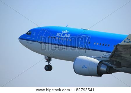 Amsterdam the Netherlands - April 2nd 2017: PH-AOM KLM Royal Dutch Airlines Airbus A330 takeoff from Polderbaan runway Amsterdam Airport Schiphol