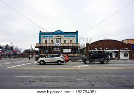 KALKASKA, MICHIGAN / UNITED STATES - NOVEMBER 27, 2016: The historic Hotel Sieting is undergoing restoration on Cedar Street in downtown Kalkaska.