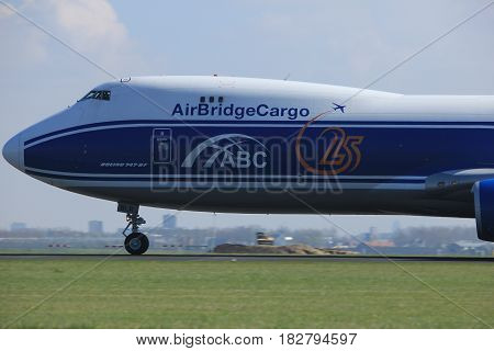 Amsterdam the Netherlands - April 2nd 2017: VQ-BLR AirBridgeCargo Boeing 747-8F takeoff from Polderbaan runway Amsterdam Airport Schiphol