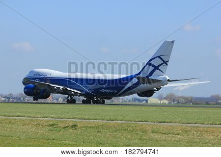 Amsterdam the Netherlands - April 2nd 2017: VQ-BLR AirBridgeCargo Boeing 747-8F takeoff from Polderbaan runway Amsterdam Airport Schiphol