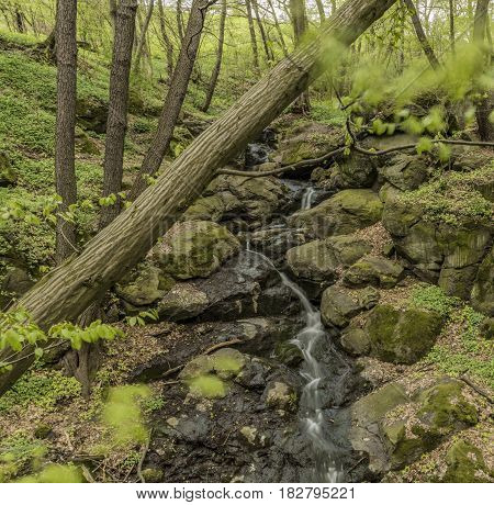 Waterfall near Moravany village in spring green day