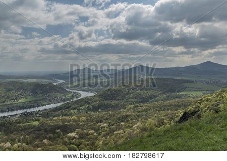 View from Skalky point over Labe river in spring cloudy day