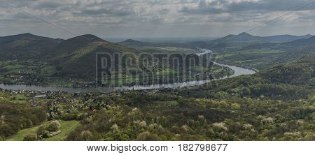 View from Skalky point over Labe river in spring cloudy day