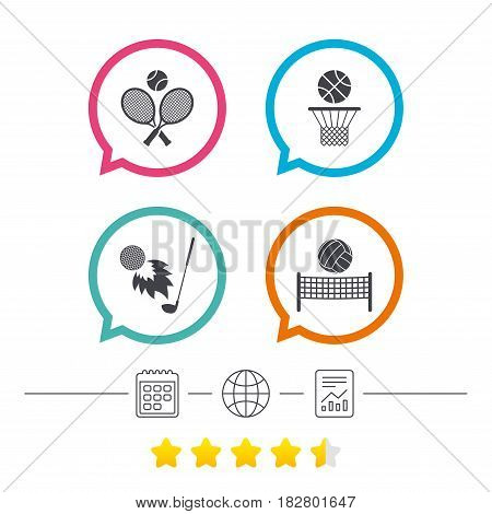 Tennis rackets with ball. Basketball basket. Volleyball net with ball. Golf fireball sign. Sport icons. Calendar, internet globe and report linear icons. Star vote ranking. Vector