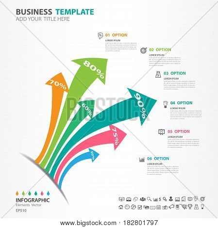 Iinfographics elements diagram with 6 steps options arrow icon web design presentation Vector illustration business brochure flyer template banner design advertisement Process Chart number options Timeline Slide education