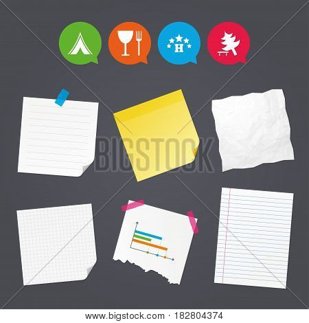 Business paper banners with notes. Food, hotel, camping tent and tree icons. Wineglass and fork. Break down tree. Road signs. Sticky colorful tape. Speech bubbles with icons. Vector