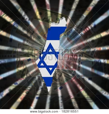 Israel map flag on currency burst 3d illustration