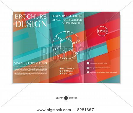 Tri-fold brochure template with modern geometric background. Three-fold leaflet design with random lines and tripes. Vector illustration.
