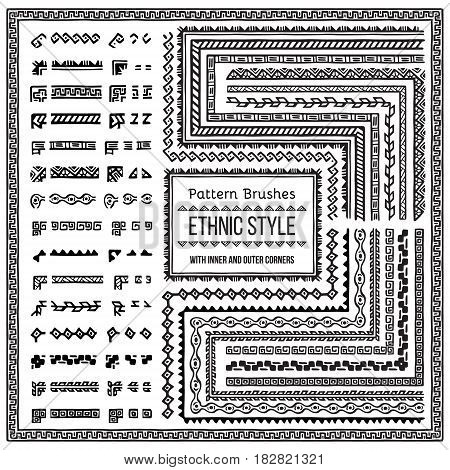 Set of Vector Pattern Brushes with Outer and Inner Corner Tiles. Easy color change. Perfect to create borders frames dividers. Hand drawn design elements.