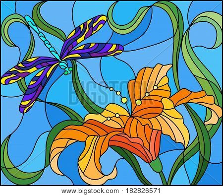 Illustration in stained glass style with bright dragonfly against the sky foliage and flower of Lily