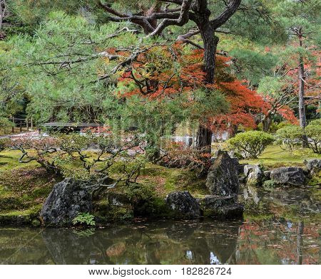 Japanese Garden With Autumn Colors At Ginkakuji Temple In Kyoto, Japan
