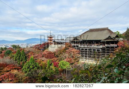 Stunning Aeiral Autumn Color Scenery Of Kiyomizu-dera Temple In Kyoto Japan