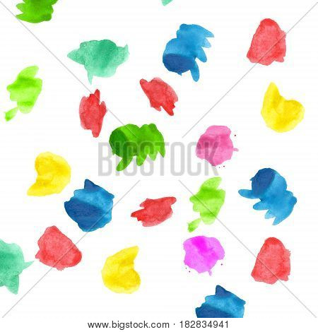 Raster pattern with colorred watercolors blobs on white background.