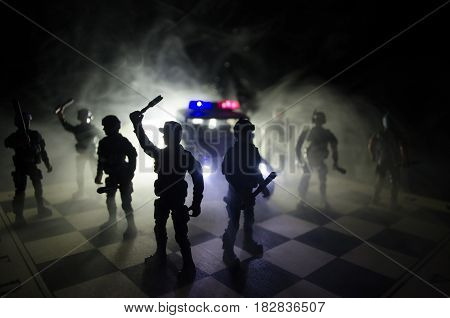 Anti-riot Police Give Signal To Be Ready. Government Power Concept. Police On Chessboard. Smoke On A