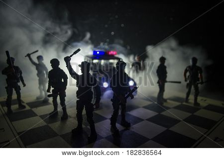 Anti-riot Police Give Signal To Be Ready. Government Power Concept. Police On Chessboard. Smoke On A
