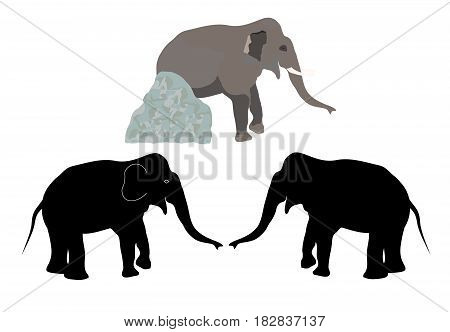 Two Silhouettes elephant and realistic drawing of an elephant with stone