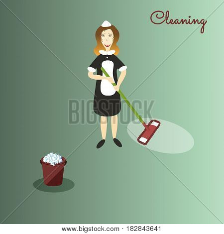 Cute cartoon cleaner in dark dress and white apron with the tools for housekeeping: a burgundy bucket with soapy foam, MOP with green handle and cloth. Green background. Vector illustration. Cleaning