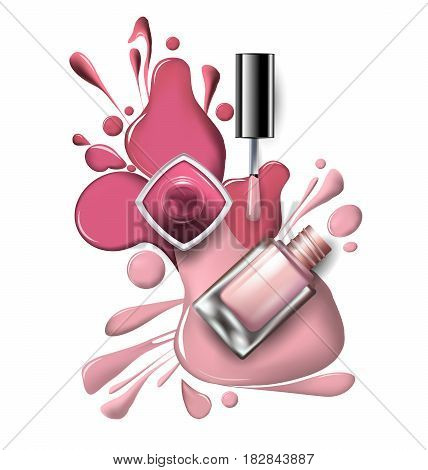 Top view of pink lilac nail polish on white background Cosmetics and fashion background Template Vector.