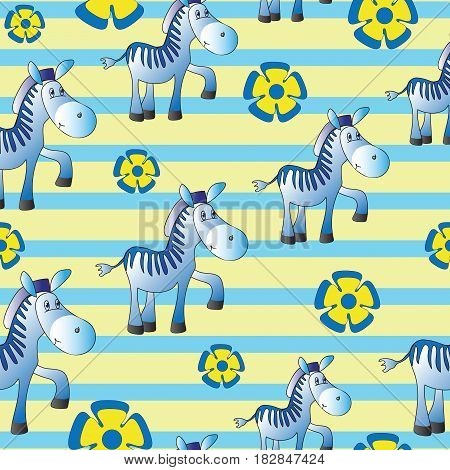 Funny Zebra. Zoo. Seamless pattern with zebras and blue flowers on a striped background. Cute papers for babies and children. Background yellow-blue. Design for textiles.