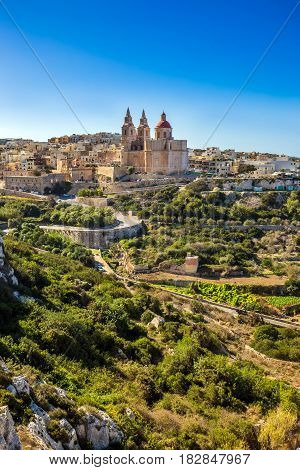 il-Mellieha Malta - The beautiful Parish Church of Mellieha on a bright summer day with clear blue sky