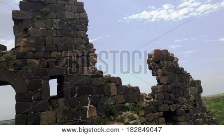 The picturesque ruins of the ancient fortress Amberd at the foot of Mount Aragats