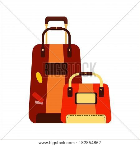 Flat set brown and orange color trip suitcases for tourism vacation, with travelers stickers isolated on white background - vector stock illustration.