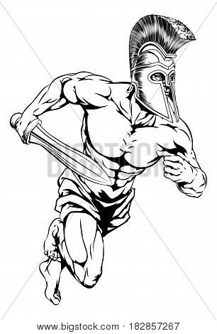 An illustration of a warrior or gladiator character or sports mascot  in a trojan or Spartan style helmet holding a sword