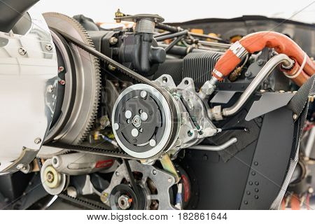 Aircraft engine detail. Piece of equipment of the aircraft engine closeup View of an aircraft engine.