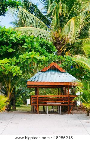 Wooden hut on the white coral sand beach surrounded with lush vegetation