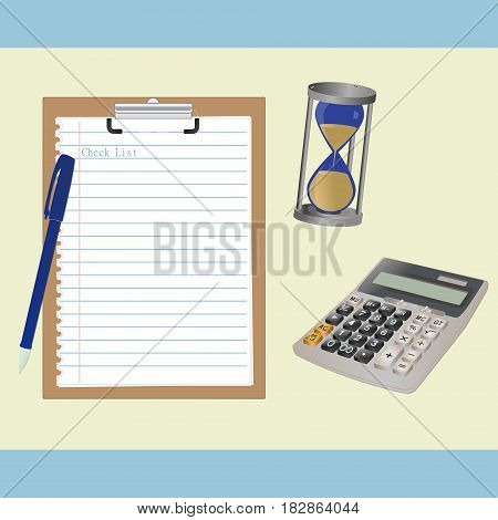 Сalculator image, сlipboard and hourglass on a light background