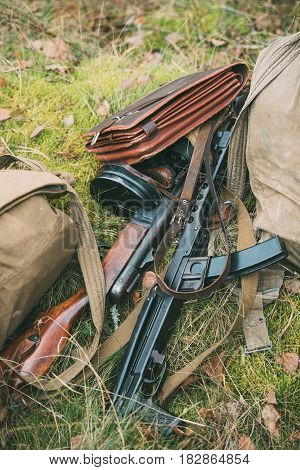 Dyatlovichi, Belarus - October 1, 2016: Old Soviet Russian Red Army Submachine Gun PPS-43 Of World War II Lying In Grass.
