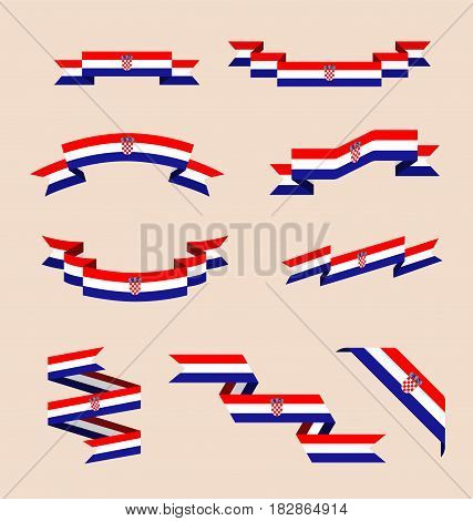 Vector set of scrolled isolated ribbons or banners in colors and with symbols of Croatian flag.
