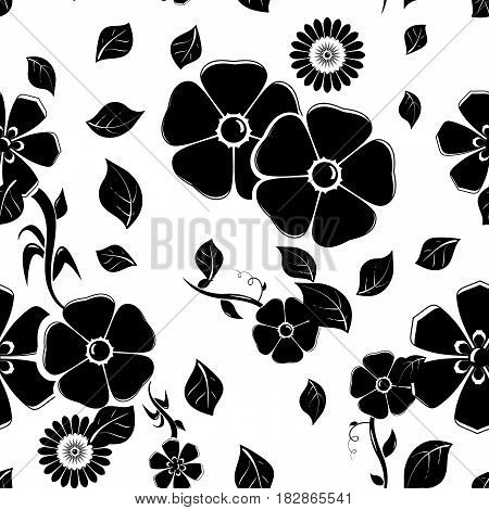Floral seamless pattern. Black vector illustration on white