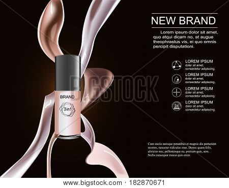New brand makeup colorstay contained in a transparent bottle, cream skin color. On a dark background. Vector illustration.