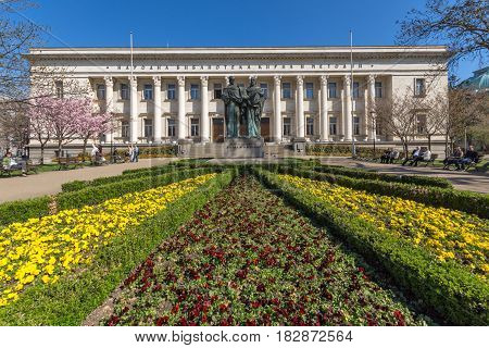 SOFIA, BULGARIA - APRIL 1, 2017: Spring view of National Library St. Cyril and St. Methodius in Sofia, Bulgaria