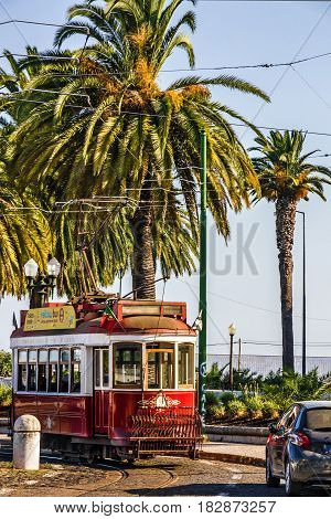 Lisbon, Portugal - April 22, 2017: Historic red tram in Lisbon Portugal.