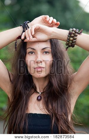 Porrait of beautiful hippie girl. Summer time