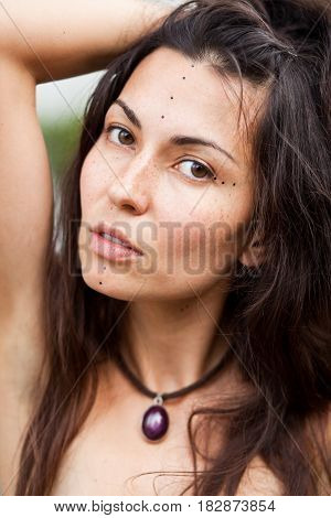 Porrait of beautiful hippie girl. Summer time