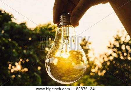 hand holding a light bulb with sunset power concept power the future