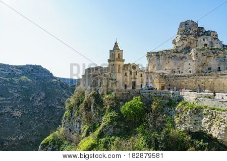 ancient ghost town of Matera (Sassi di Matera) in beautiful sun shine with blue sky southern Italy