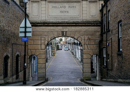 LONDON, UK - MAY 17, 2016: Entrance to Holland Park Mews. Houses in mews are one of the most luxurious and desirable in London