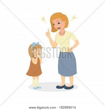 Mother abuse the daughter. Angry mother yells at little scared kid. Characters on white background. Children's abusing.