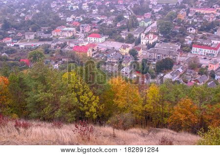 cityscape old town in aerial view from the Bona mountain. Kremenets Ternopil region Ukraine