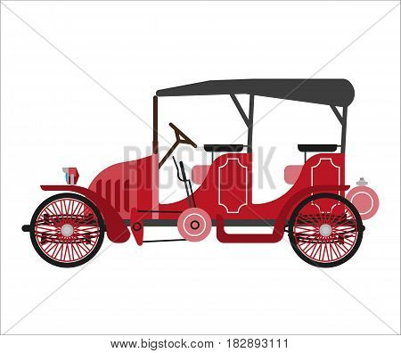 Ancient car isolated on white vector flat illustration. Old ruddy street mean of transportation on wheels and with black clothing roof for carrying passengers. Luxury vehicle template picture
