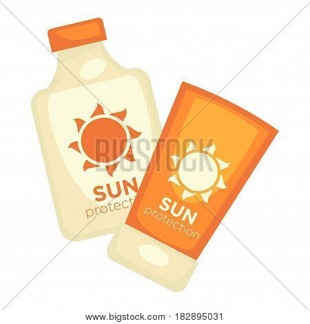 Sun protection lotions set isolated on white. Flasks with moisture ointment protective elements during sunbathing vector illustration in flat style design. Bottles with cream saving from ultraviolet
