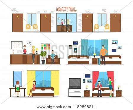 Motel interior set on white background. Romms with reception.
