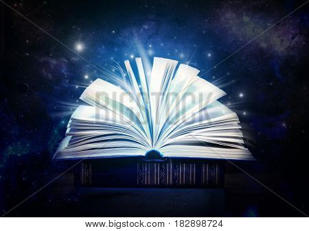 Mystical old book. Open old book indoor. A fairy tale