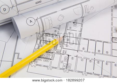 Architectural plan. Engineering house drawings pancil and blueprints.