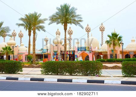 Sharm El Sheikh, Egypt - April 9, 2017: One of the shopping streets, the beautiful architectural features of the Egyptian buildings at Sharm El Sheikh, Egypt on April 9, 2017: