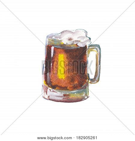 The glass with light fresh beer isolated on white background watercolor illustration in hand-drawn style.